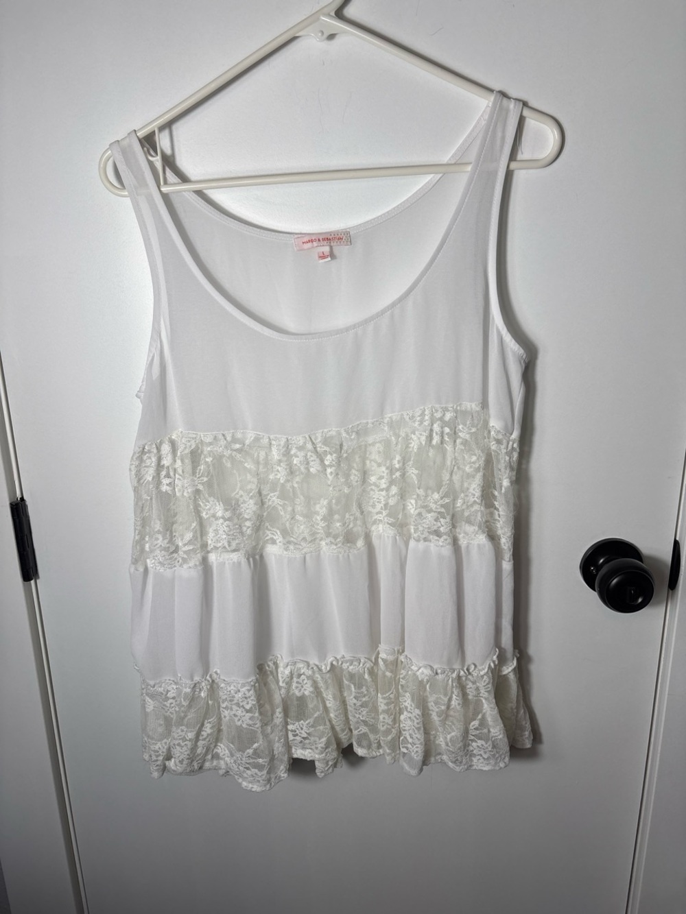 Cottagecore Romantic Margo & Sebastian White Lace Tiered Boho Tank Top Size Lrg